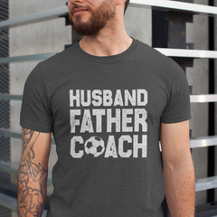 Husband Father Coach T-Shirt - Heather Dark Grey Shirt with Distressed Design