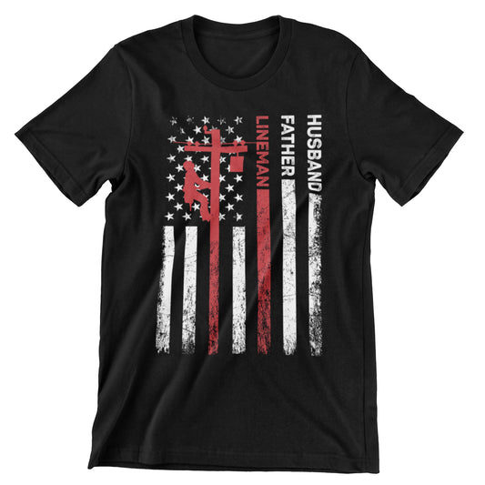 Husband Father Lineman T-Shirt with American flag and lineman climbing utility pole graphic


