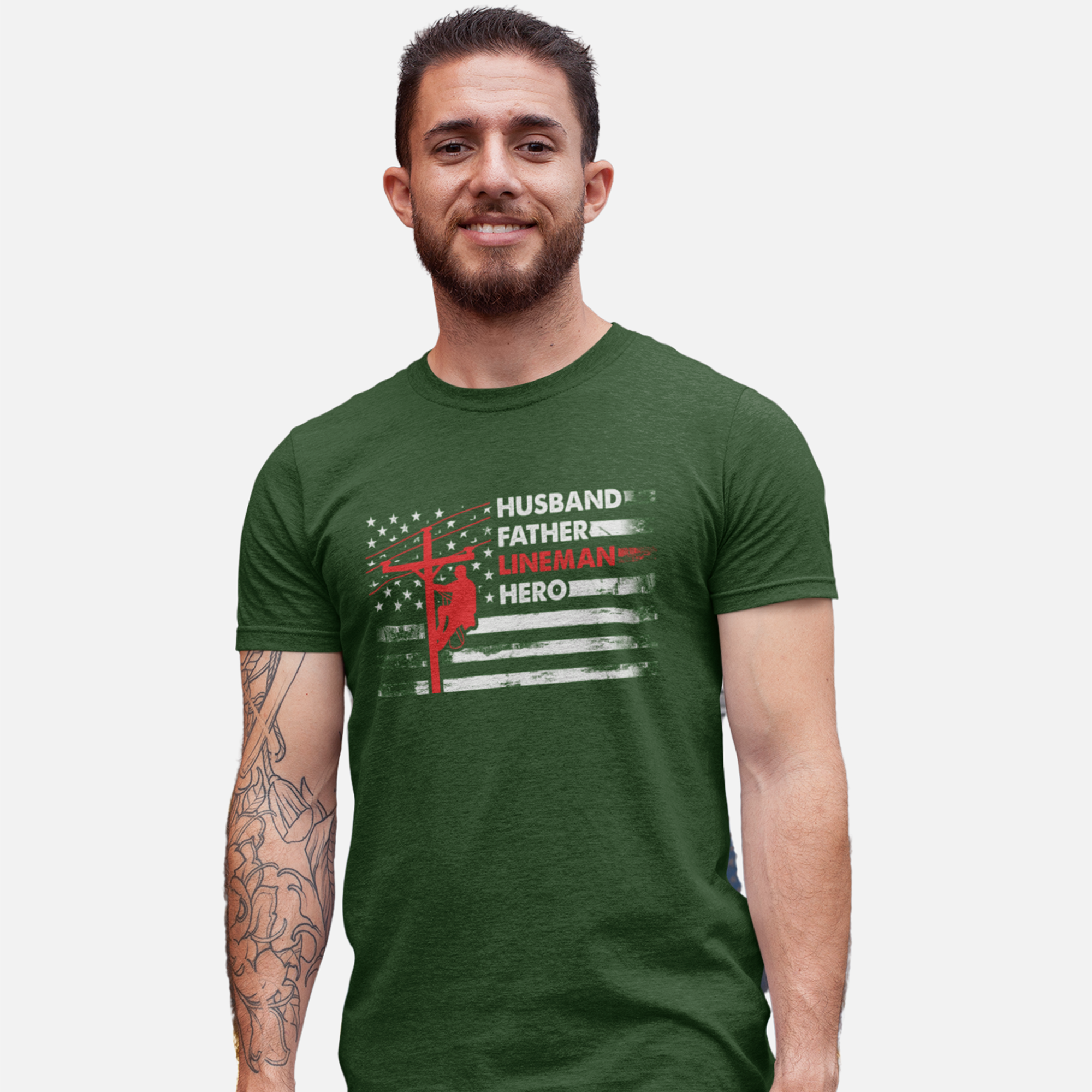 Husband Father Lineman Hero T-Shirt – Forest Green Displayed on Model