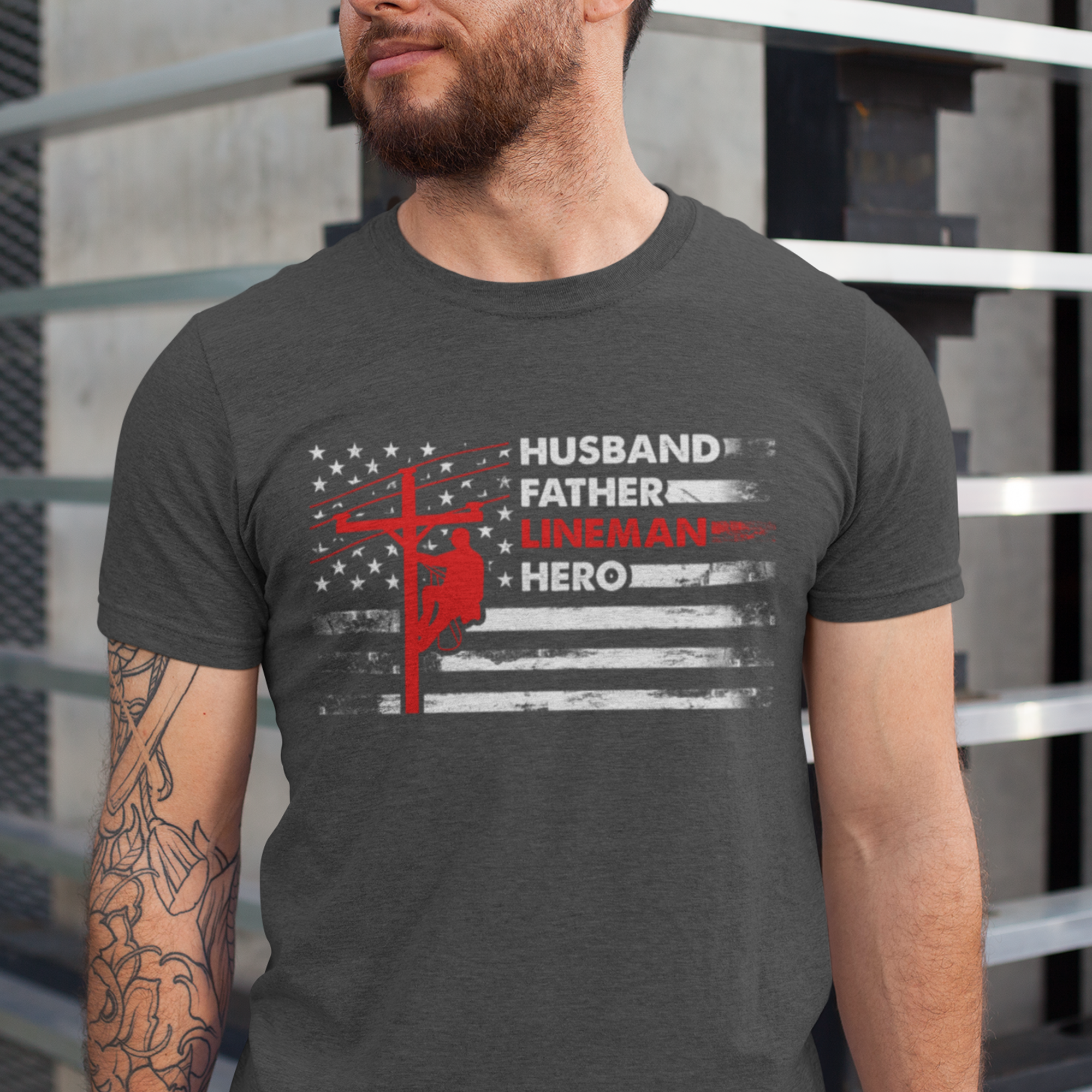 Husband Father Lineman Hero T-Shirt – Heather Dark Grey Flat Lay
