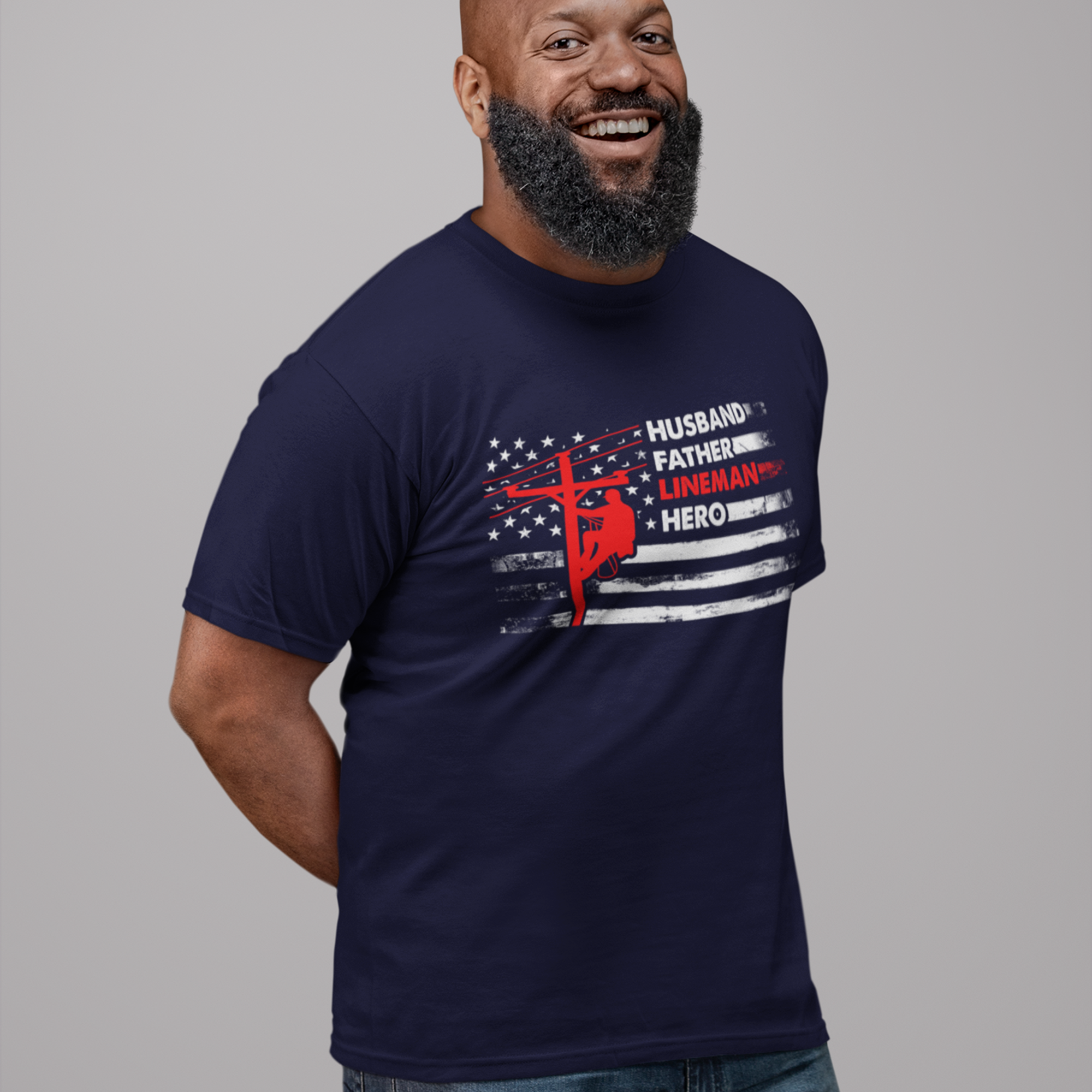 Husband Father Lineman Hero T-Shirt – Navy Blue on Male Model