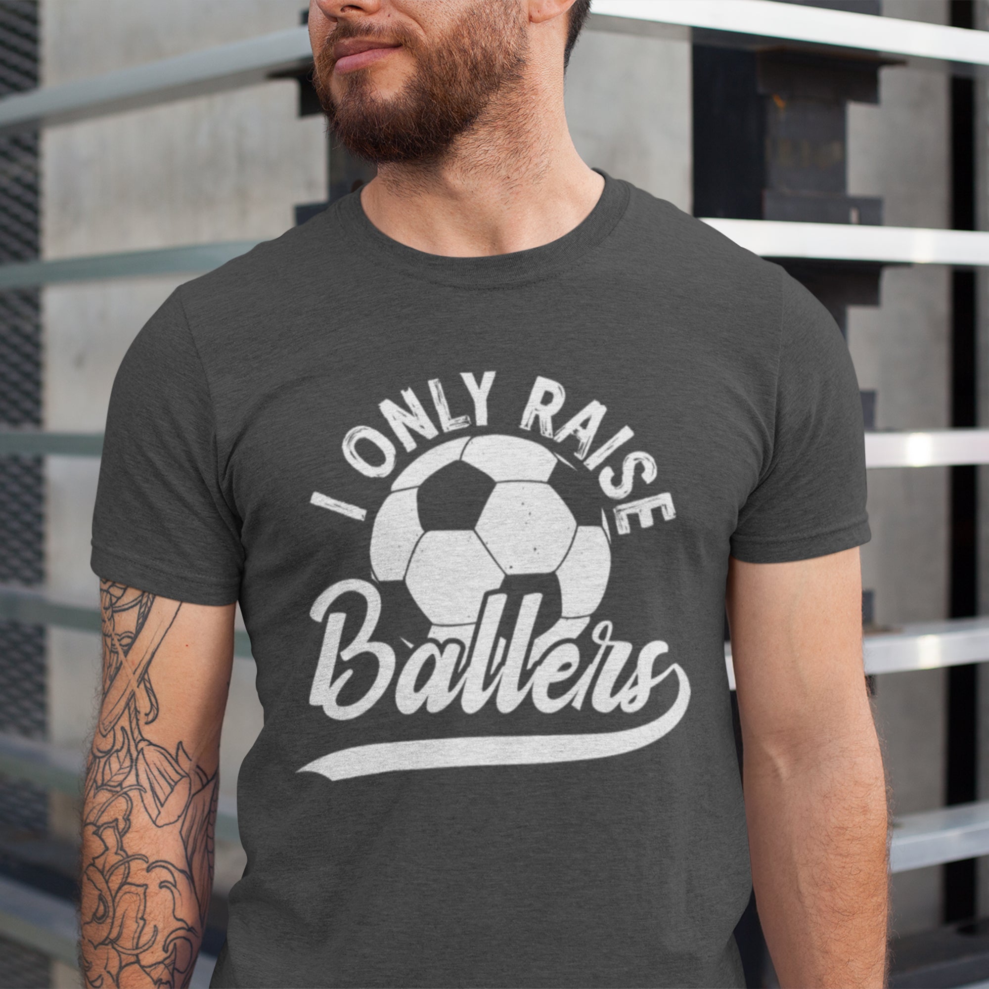 I Only Raise Ballers soccer parent t-shirt with soccer ball graphic – perfect for athletic moms and dads