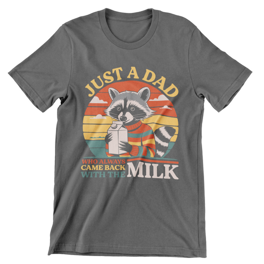 Just A Dad Who Always Came Back With The Milk T-Shirt – Funny raccoon with milk carton and retro sunset background