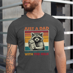  t-shirt with retro raccoon holding milk carton and text ‘Just a Dad Who Always Came Back With the Milk’ in vintage sunset colors