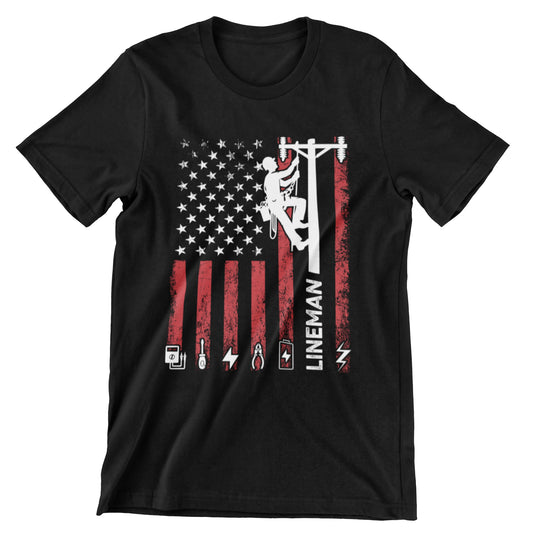 American Lineman T-Shirt with distressed US flag and lineman climbing utility pole graphic