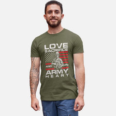 ‘Love, Sacrifice, and an Army Heart’ text featuring soldier and American flag graphic in red, white, and gray design