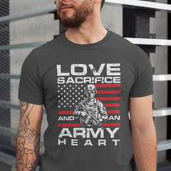 ‘Love, Sacrifice, and an Army Heart’ text featuring soldier and American flag graphic in red, white, and gray design