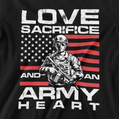 ‘Love, Sacrifice, and an Army Heart’ text featuring soldier and American flag graphic in red, white, and gray design