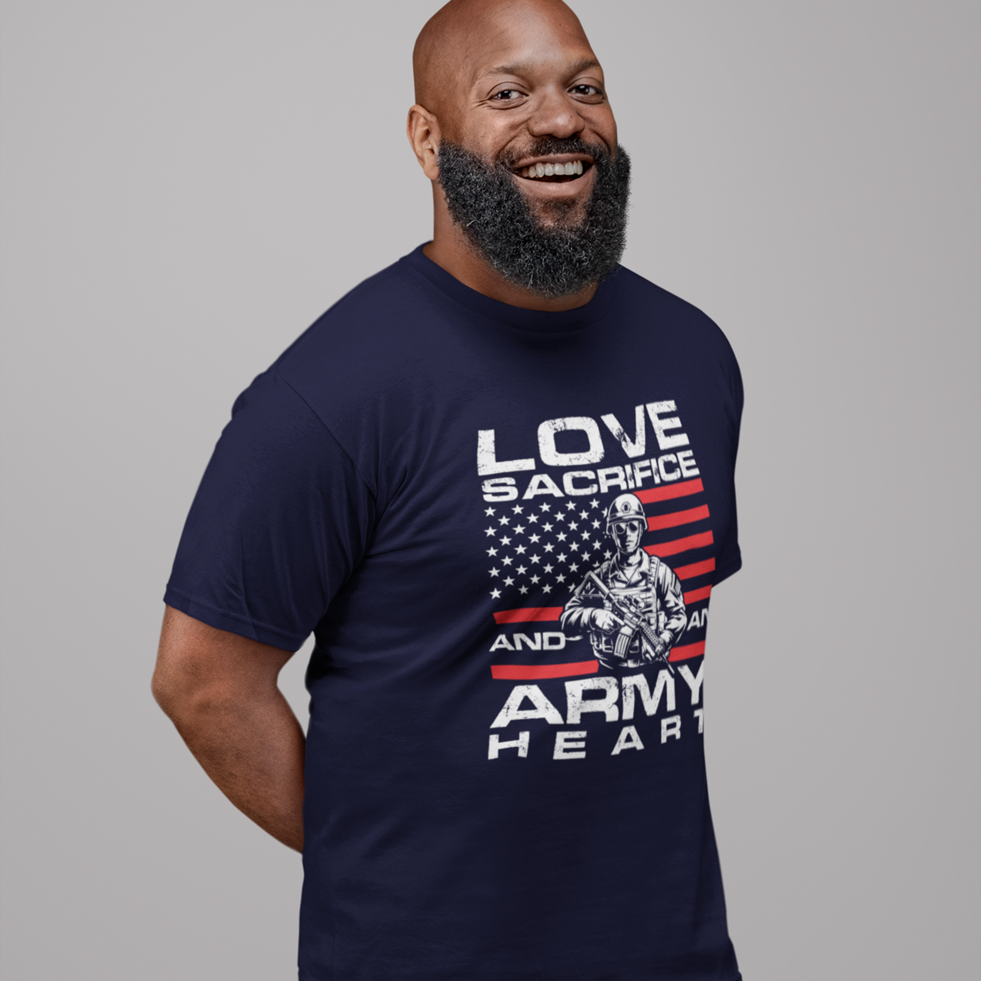 ‘Love, Sacrifice, and an Army Heart’ text featuring soldier and American flag graphic in red, white, and gray design