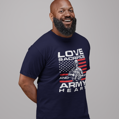 ‘Love, Sacrifice, and an Army Heart’ text featuring soldier and American flag graphic in red, white, and gray design