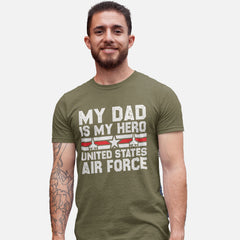 My Dad Is My Hero" United States Air Force T-shirt with fighter jets and stars