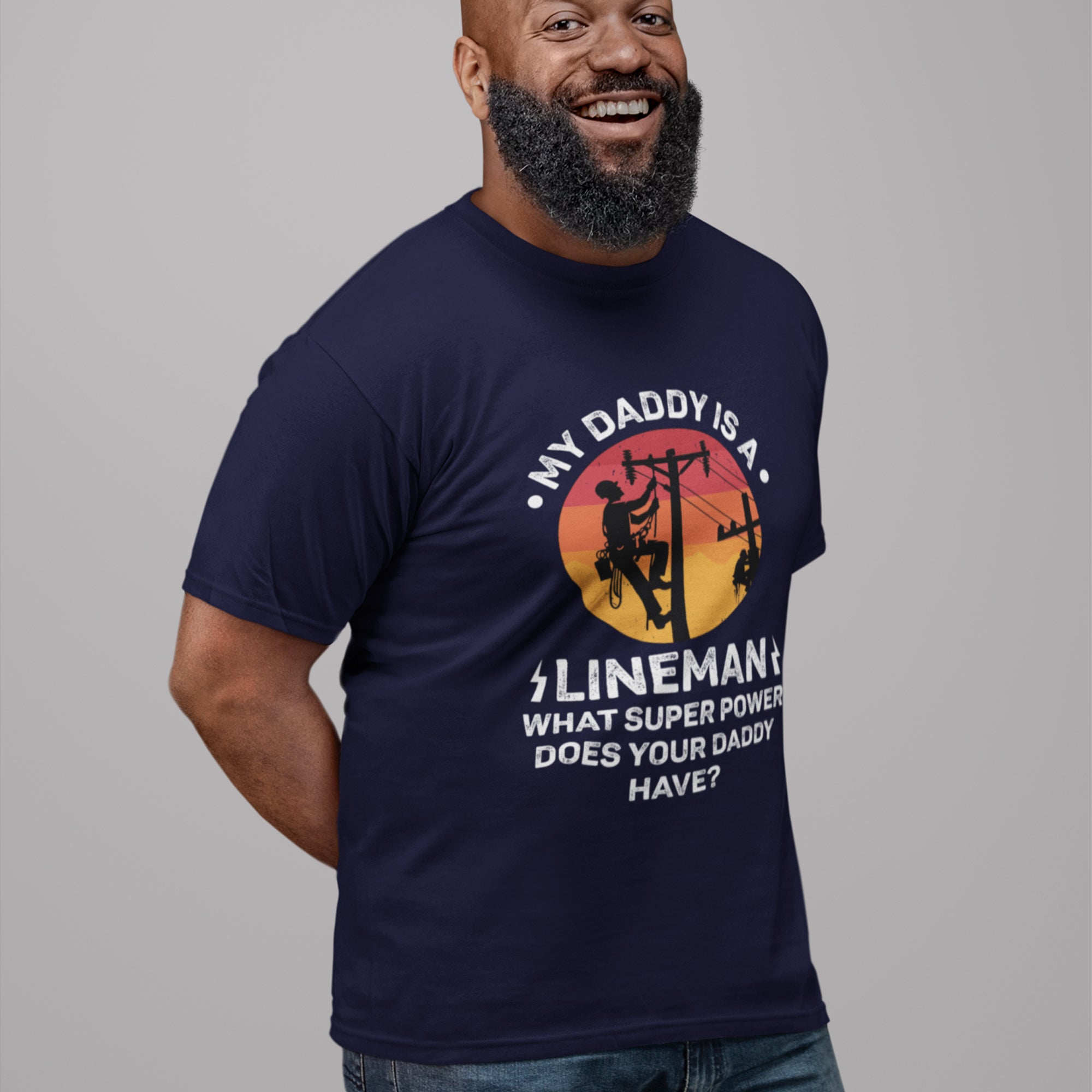 My Daddy Is A Lineman T-Shirt featuring vintage lineman silhouette climbing utility pole with sunset background