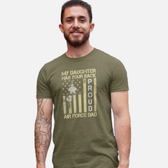 "My Daughter Has Your Back Proud Air Force Dad T-Shirt, Black and Navy Blue design with fighter jet, dog tag, and American flag