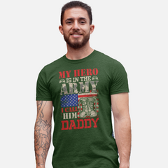  ‘My Hero Is in the Army I Call Him Daddy’ text, distressed American flag, combat boots, and military helmet graphic