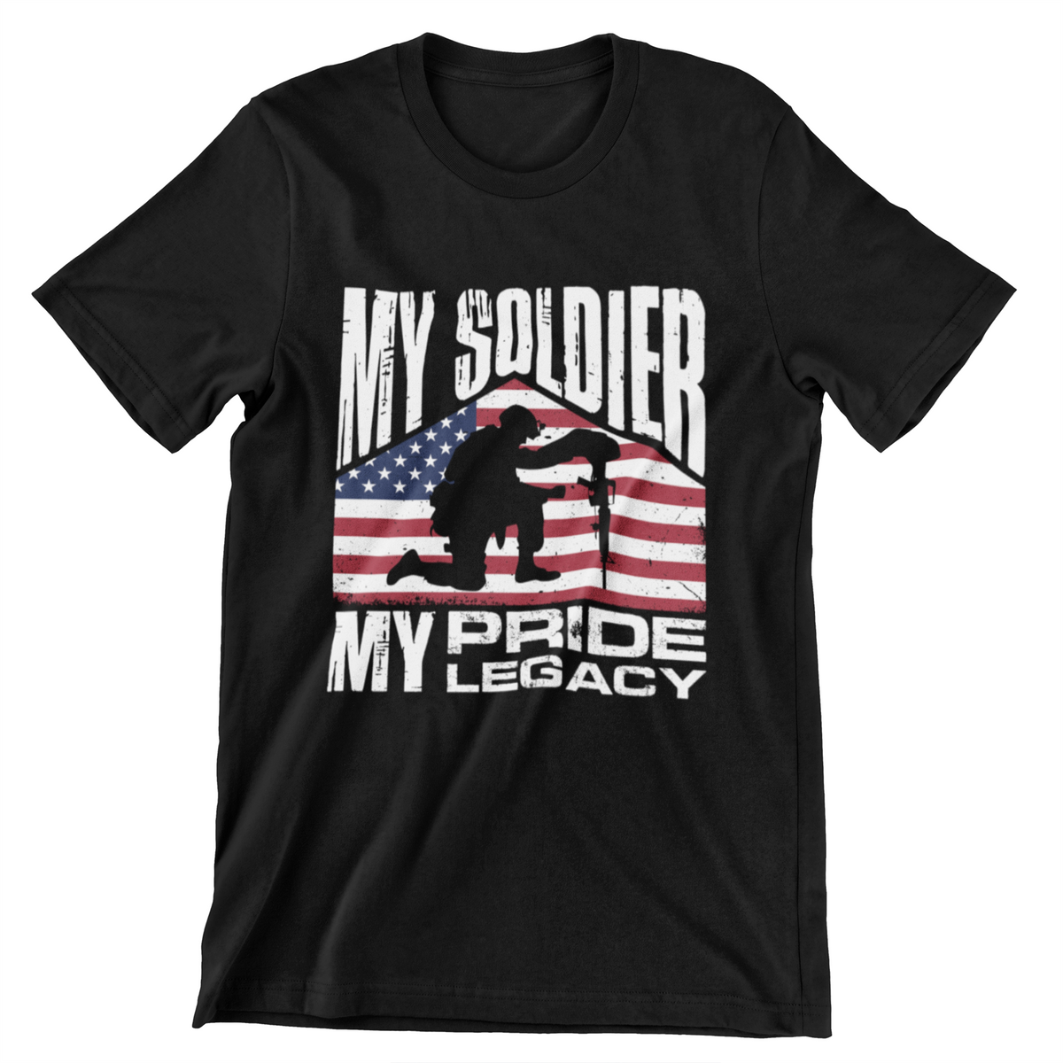  ‘My Soldier, My Pride, My Legacy’ text featuring kneeling soldier silhouette beside rifle memorial and American flag background
