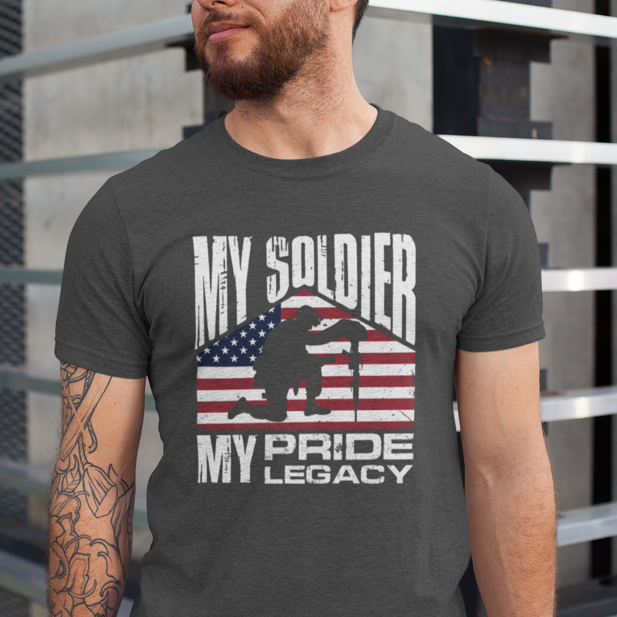  ‘My Soldier, My Pride, My Legacy’ text featuring kneeling soldier silhouette beside rifle memorial and American flag background