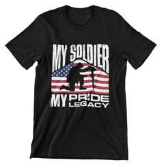  ‘My Soldier, My Pride, My Legacy’ text featuring kneeling soldier silhouette beside rifle memorial and American flag background