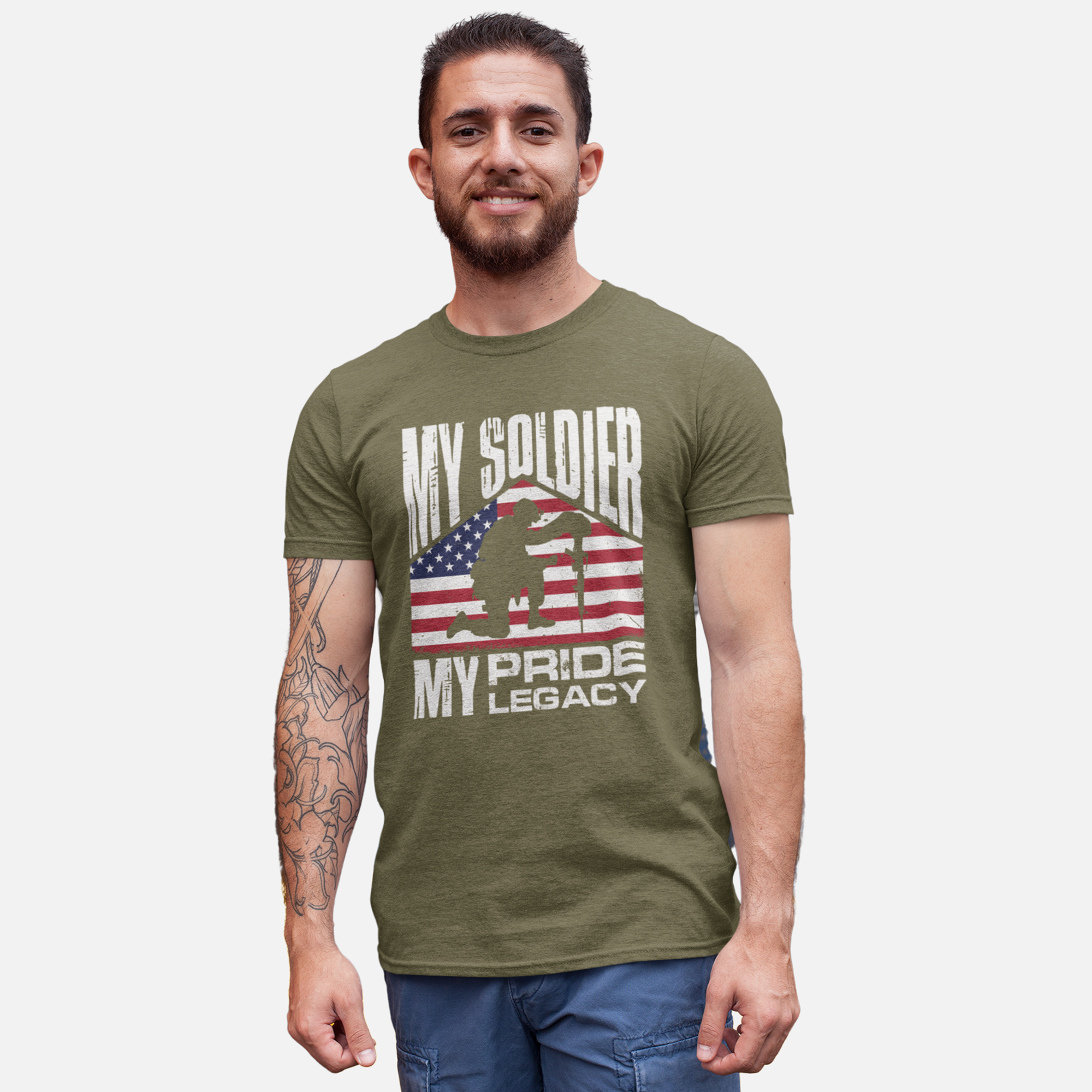  ‘My Soldier, My Pride, My Legacy’ text featuring kneeling soldier silhouette beside rifle memorial and American flag background