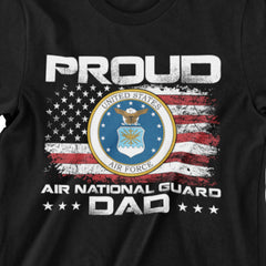 Proud Air National Guard Dad T-shirt with Air Force seal and American flag design