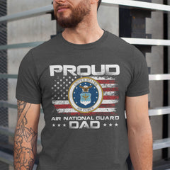 Proud Air National Guard Dad T-shirt with Air Force seal and American flag design