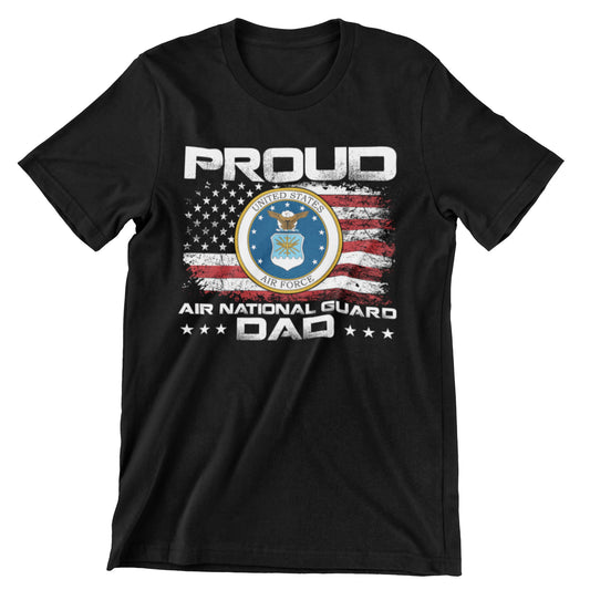 Proud Air National Guard Dad T-shirt with Air Force seal and American flag design