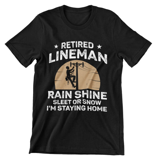 Retired Lineman T-Shirt with silhouette of lineman climbing pole, vintage style – Rain Shine Sleet or Snow design