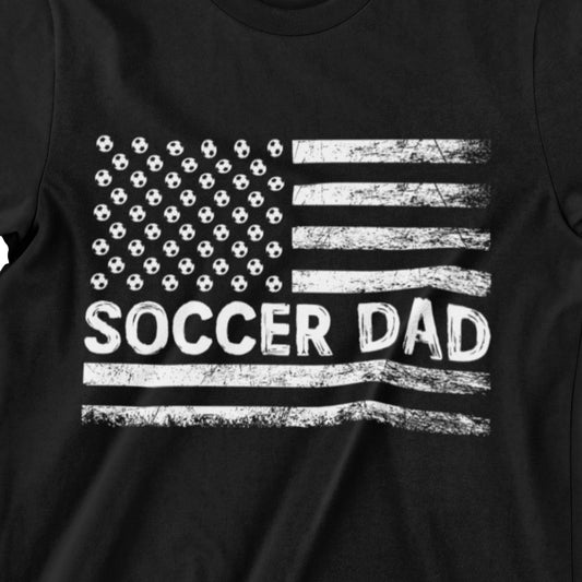  Soccer Dad T-shirt with vintage distressed American flag made of soccer balls and stripes