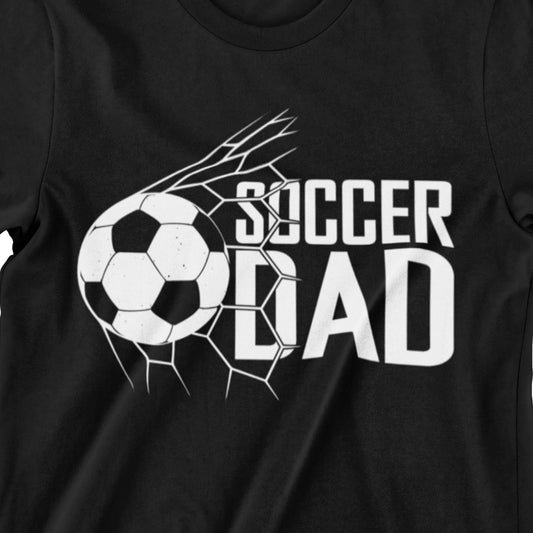 Soccer Dad t-shirt with soccer ball graphic breaking through the net – perfect for soccer-loving dads