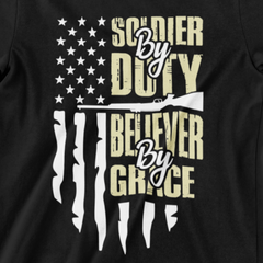 ‘Soldier by Duty, Believer by Grace’ with American flag, rifle silhouette, and bold Christian military design