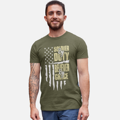 ‘Soldier by Duty, Believer by Grace’ with American flag, rifle silhouette, and bold Christian military design
