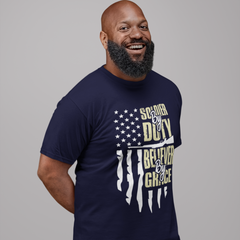 ‘Soldier by Duty, Believer by Grace’ with American flag, rifle silhouette, and bold Christian military design