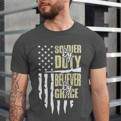 ‘Soldier by Duty, Believer by Grace’ with American flag, rifle silhouette, and bold Christian military design