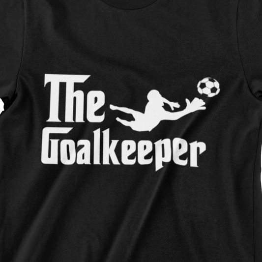 The Goalkeeper T-shirt – Black design with goalkeeper diving for the soccer ball, ideal for football fans.