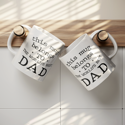 11oz White Mug with "This Mug Belongs to the World's Best Dad" Bold Typography Design