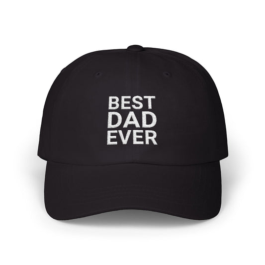 baseball cap with bold white vertical embroidered text reading “Best Dad Ever” worn by a man in a mint green jacket