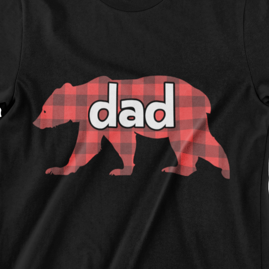  t-shirt featuring a red buffalo plaid bear silhouette with the word “dad” inside – rustic Father’s Day gift shirt