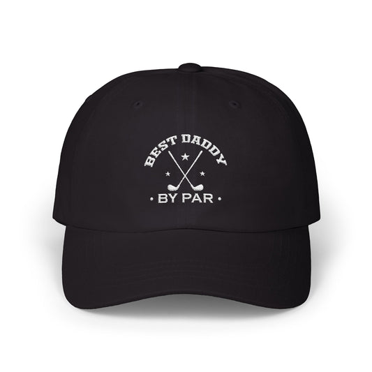 embroidered hat with "Best Daddy By Par" text, golf club graphics, and stars – perfect gift for golf-loving dads.