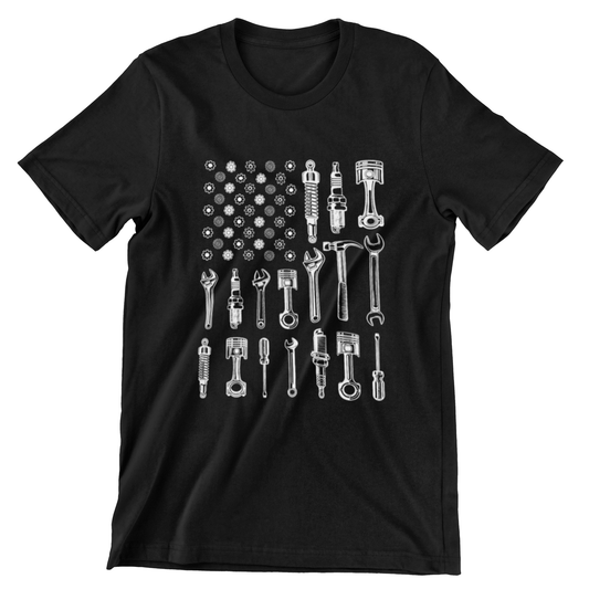 t-shirt featuring an American flag made of tools, gears, pistons, and wrenches – perfect gift for mechanics and tool lovers.